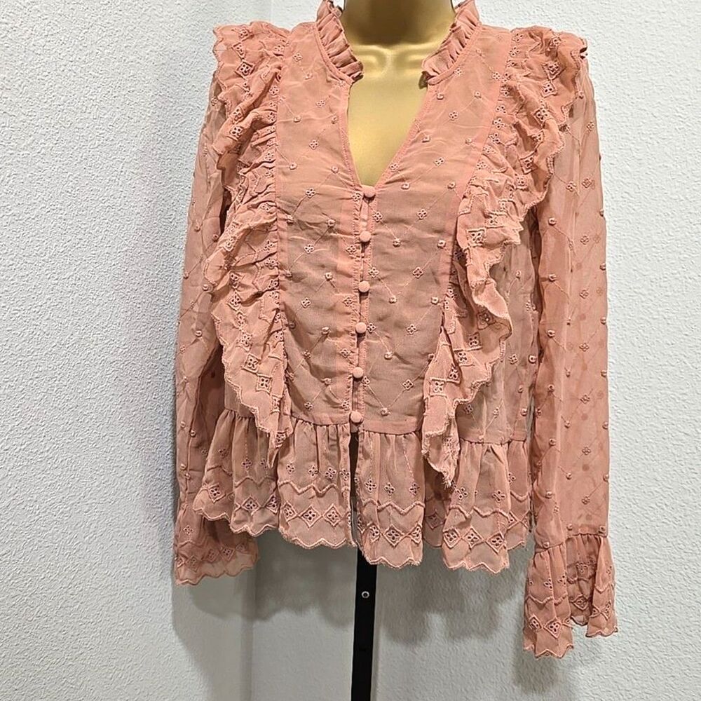 H&M Mauve Poet Ruffle Eyelet Blouse Med Victorian Sheer Dainty Delicate Feminine